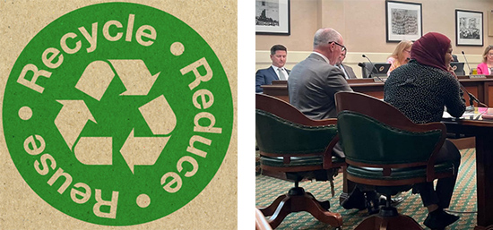 Collage of recycle logo and committee hearing