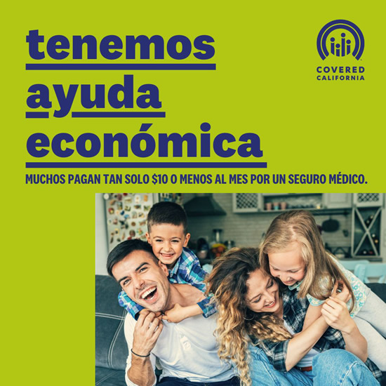 Covered CA flyer featuring happy family; Spanish text