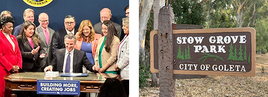Collage of Gov. Newsom signing law and Stow Grove Park sign