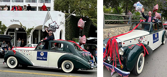 Collage of Asm. Hart in his parade car